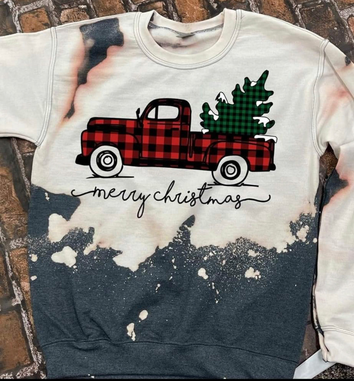 Merry Christmas Plaid Truck Acid Washed Fleece