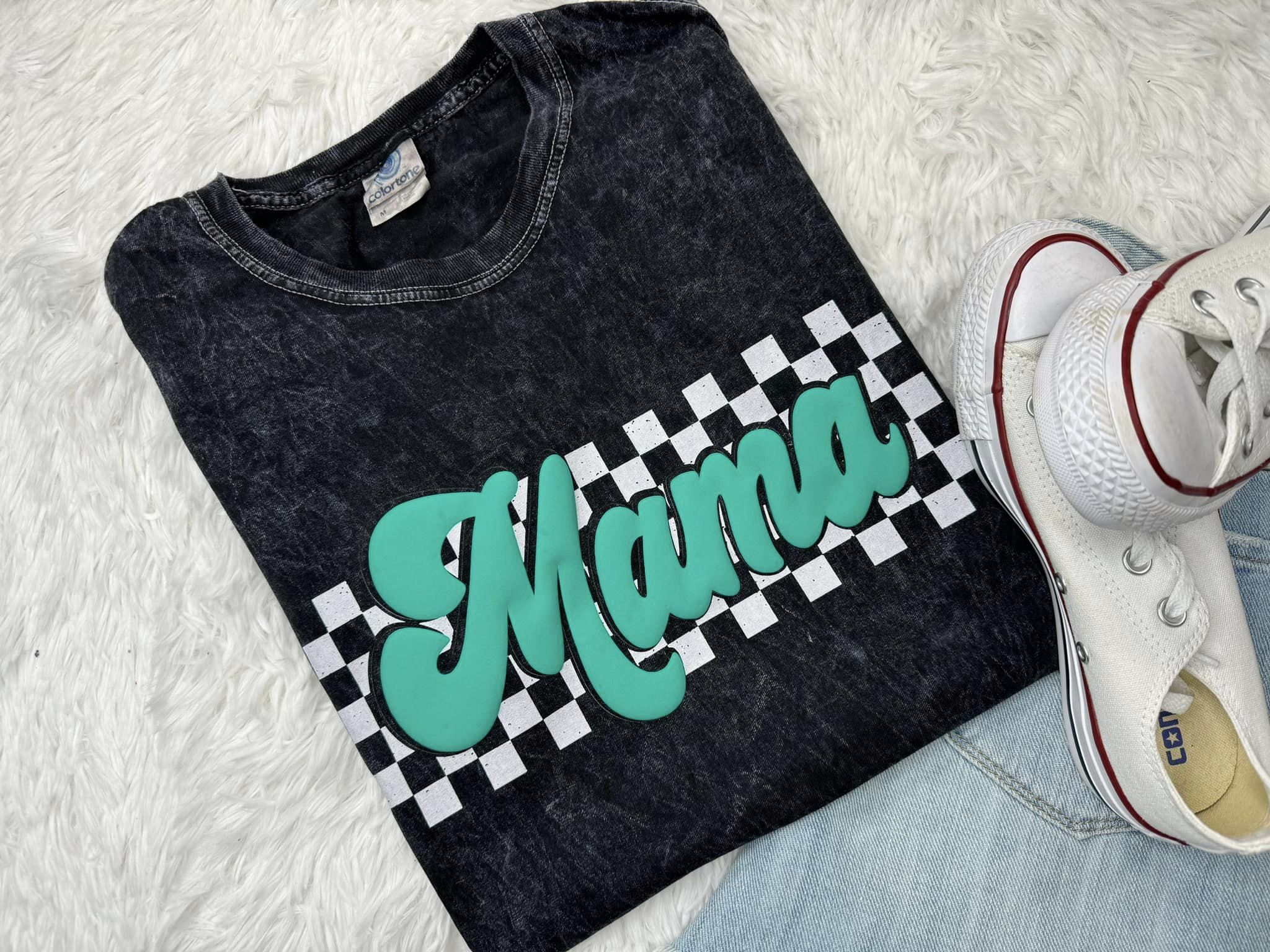 Mama Checkered Puff - Crystal wash Tee
