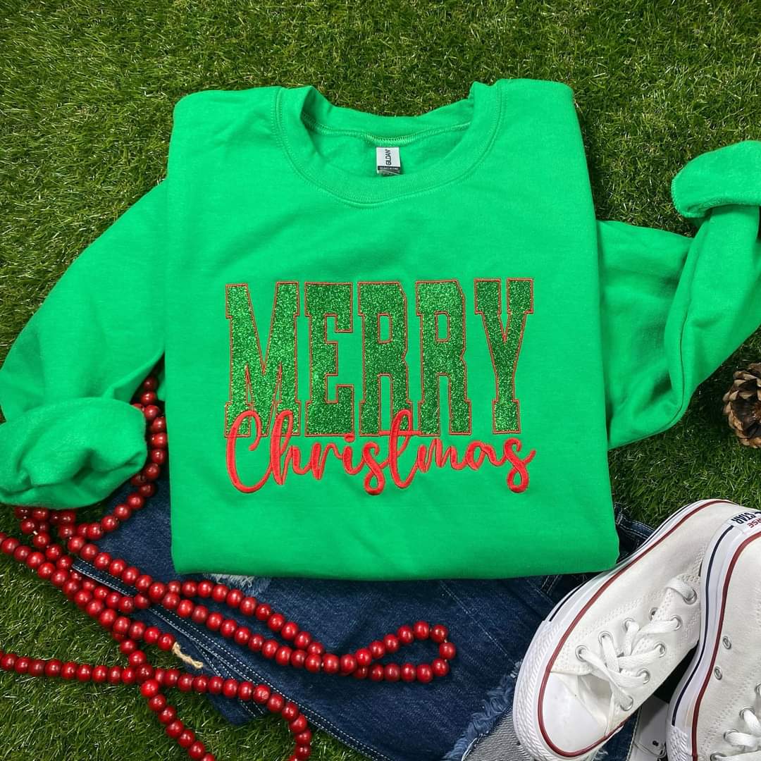 Merry Christmas Green Glitter Embroidery
