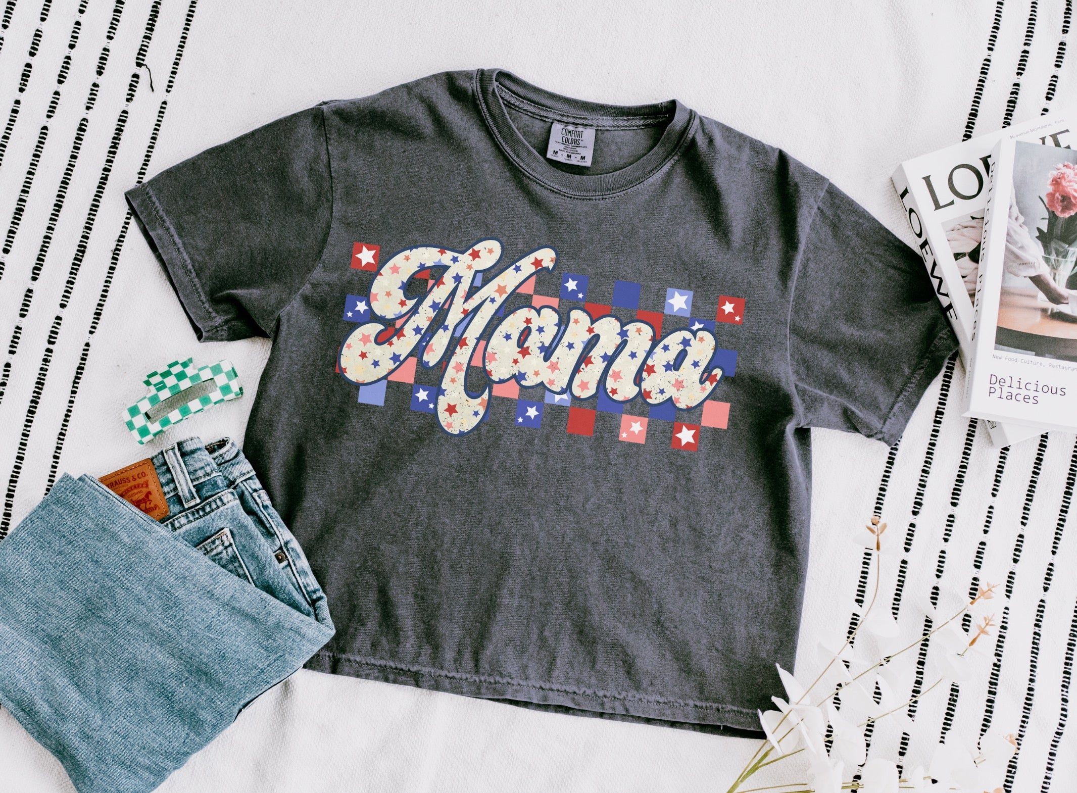 Patriotic Floral Mama Checkered Comfort Colors