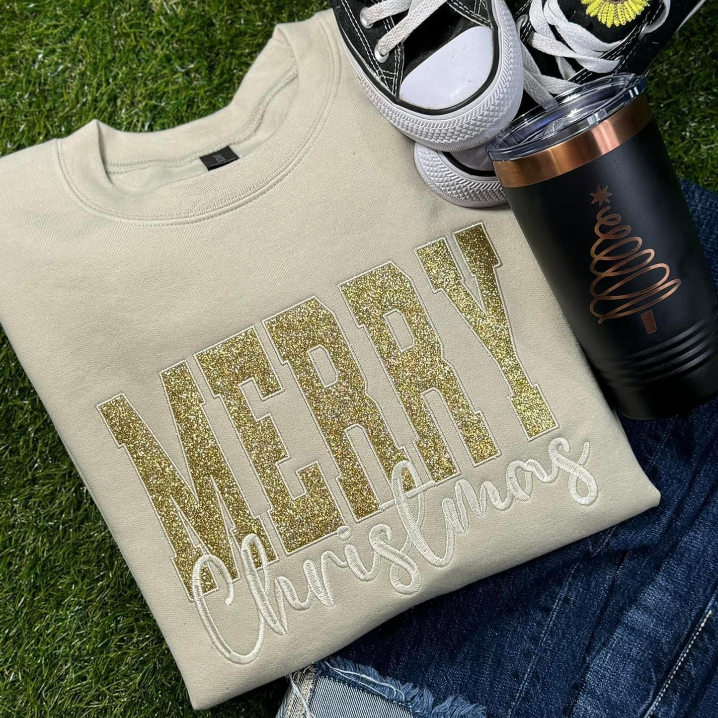 Merry Christmas Gold Glitter Embroidery