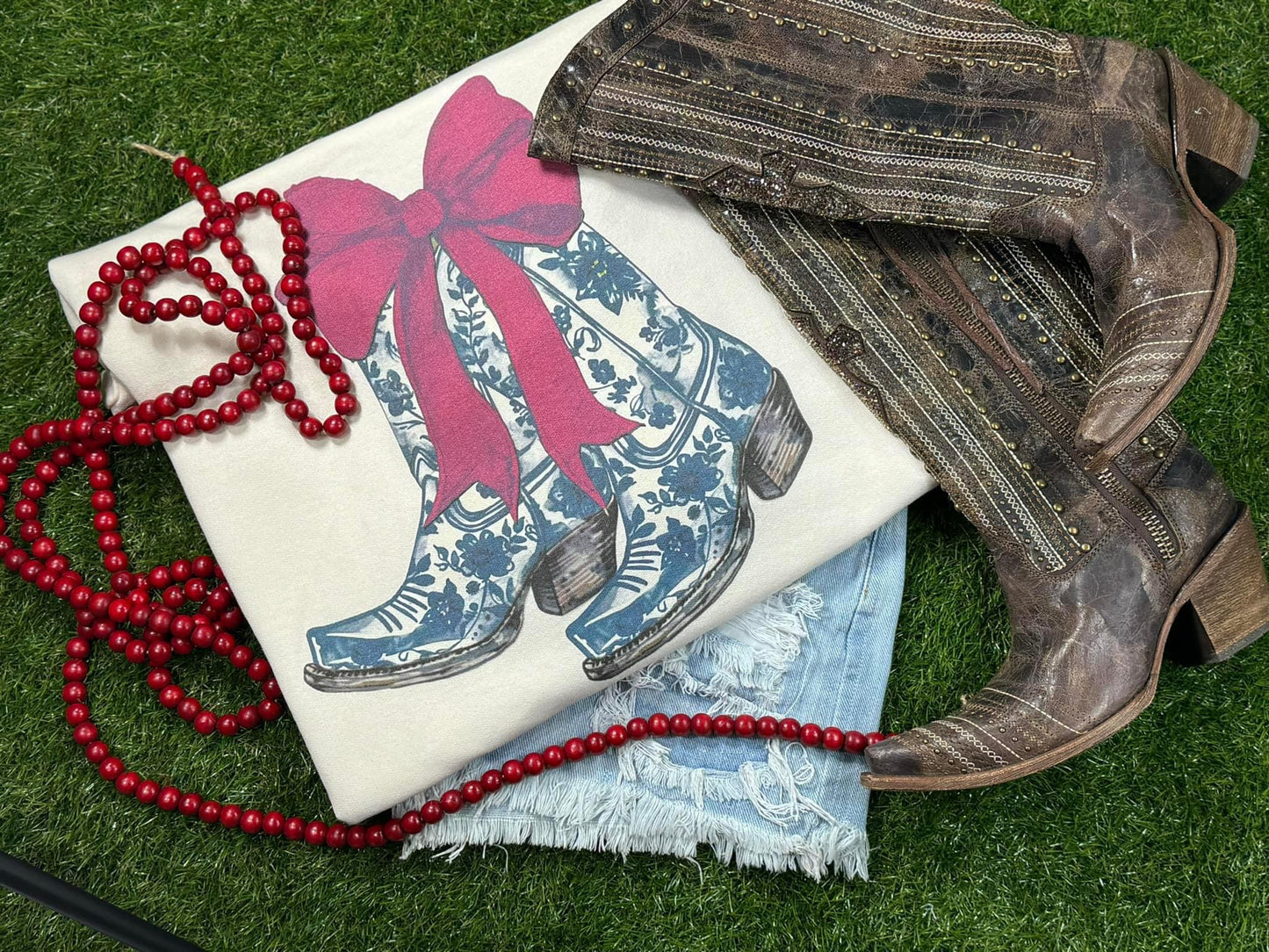 Floral Boots With Red Bow