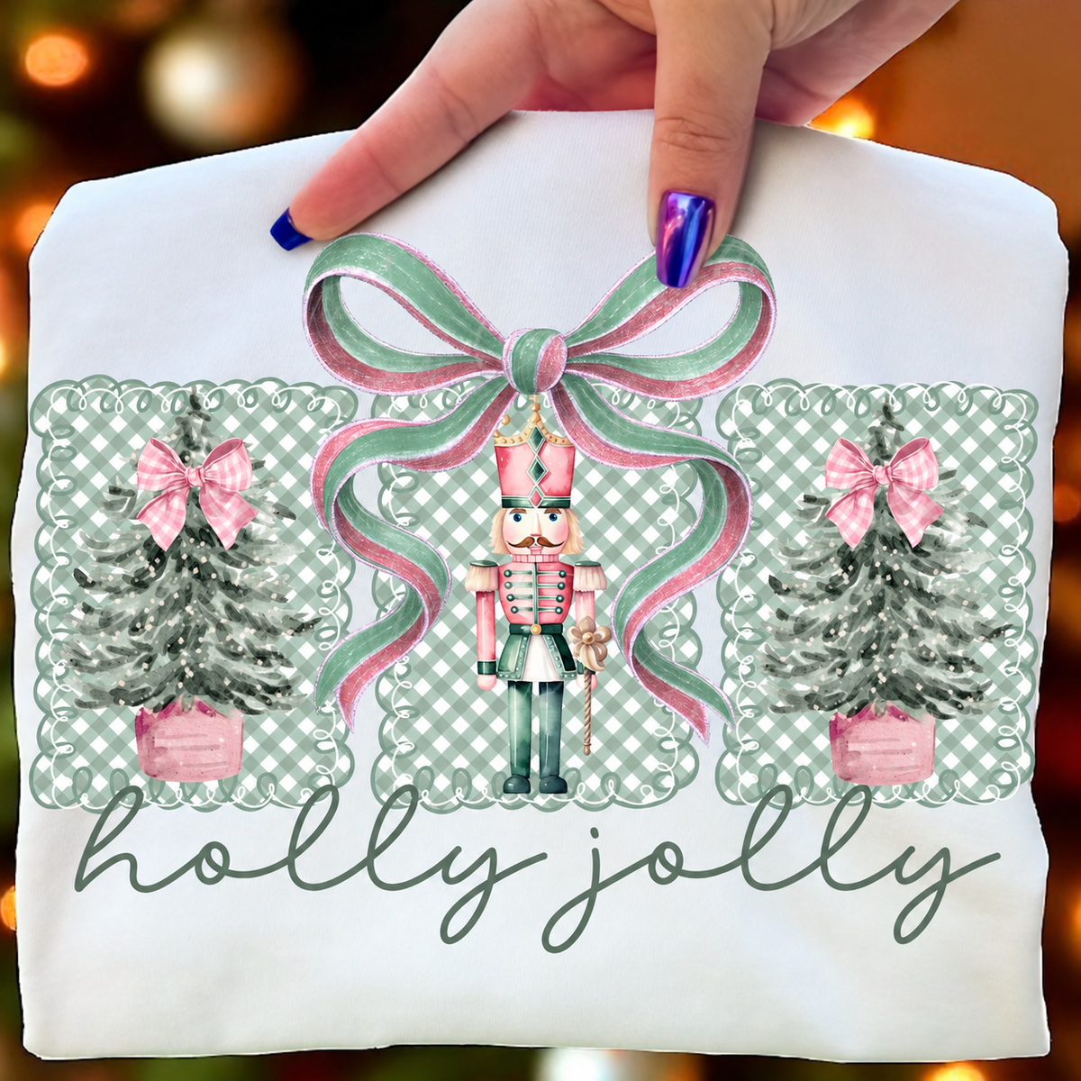 Holly Jolly Pink and Sage Nutcracker printed apparel