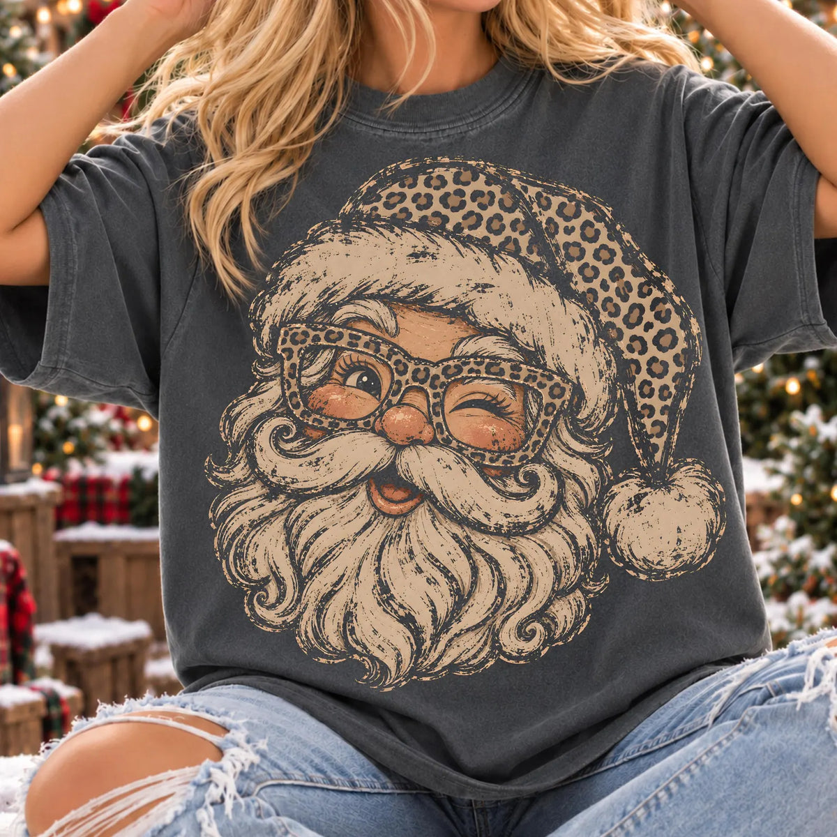 Leopard Santa printed Comfort Colors tee in Pepper with a distressed winking Santa design