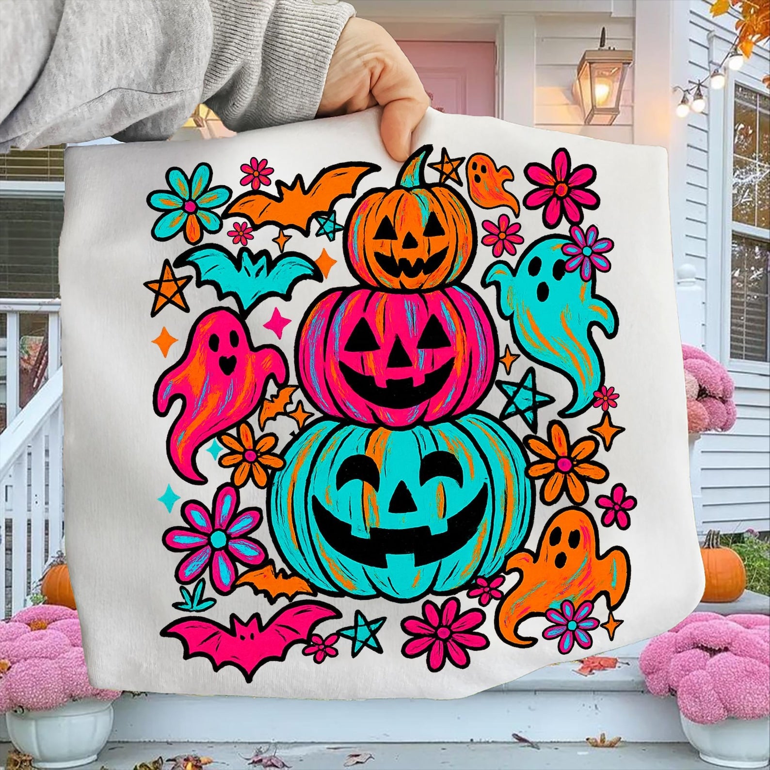 Neon Halloween Pumpkin Ghost