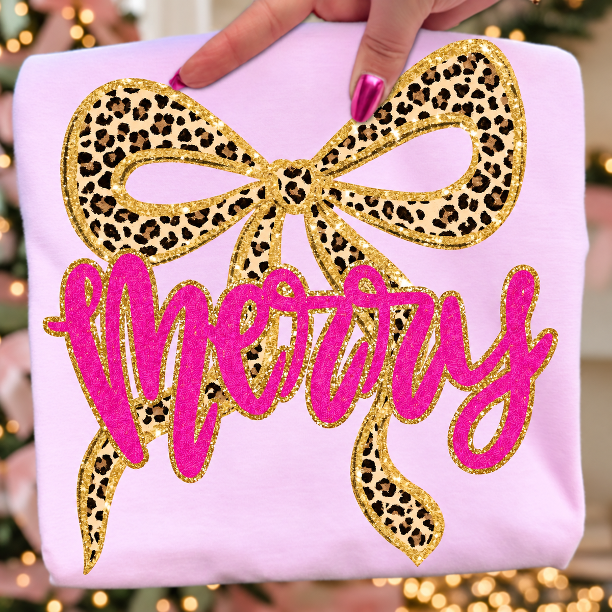 Merry Pink Glitter Leopard Bow printed apparel