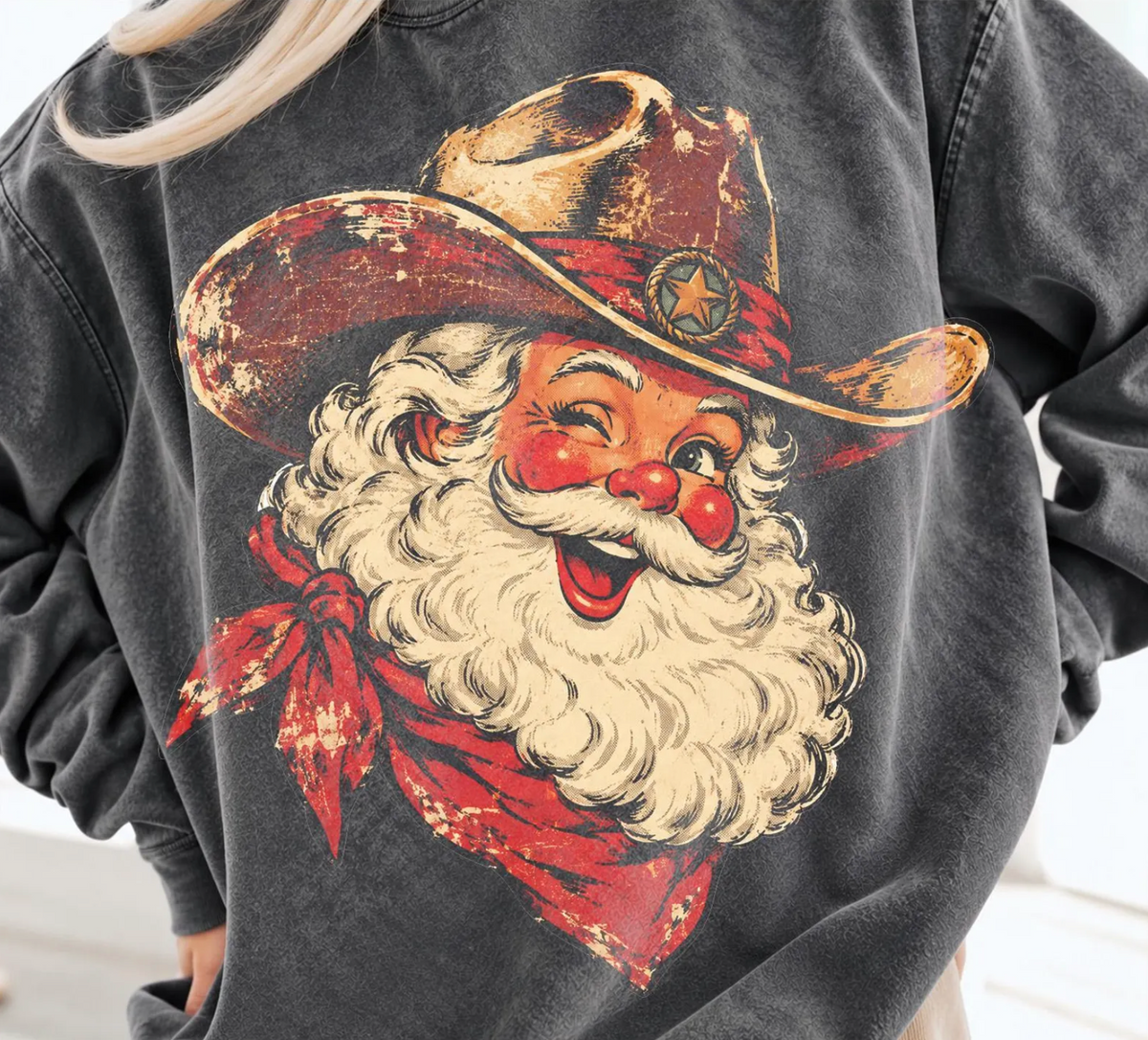 Vintage Cowboy Santa printed apparel mockup