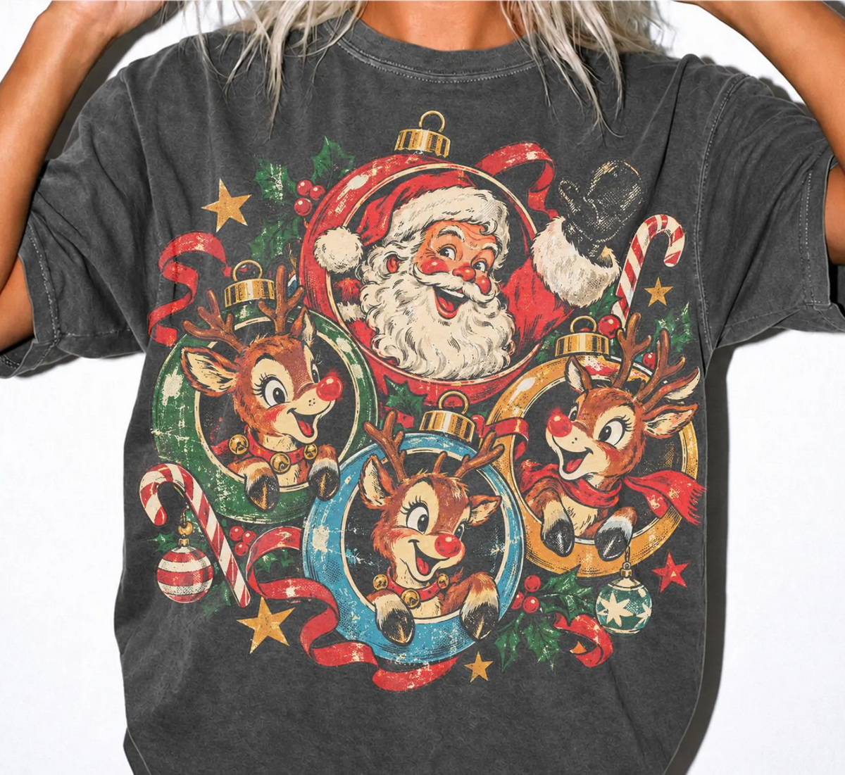 Vintage Santa and Reindeer Ornaments printed apparel mockup