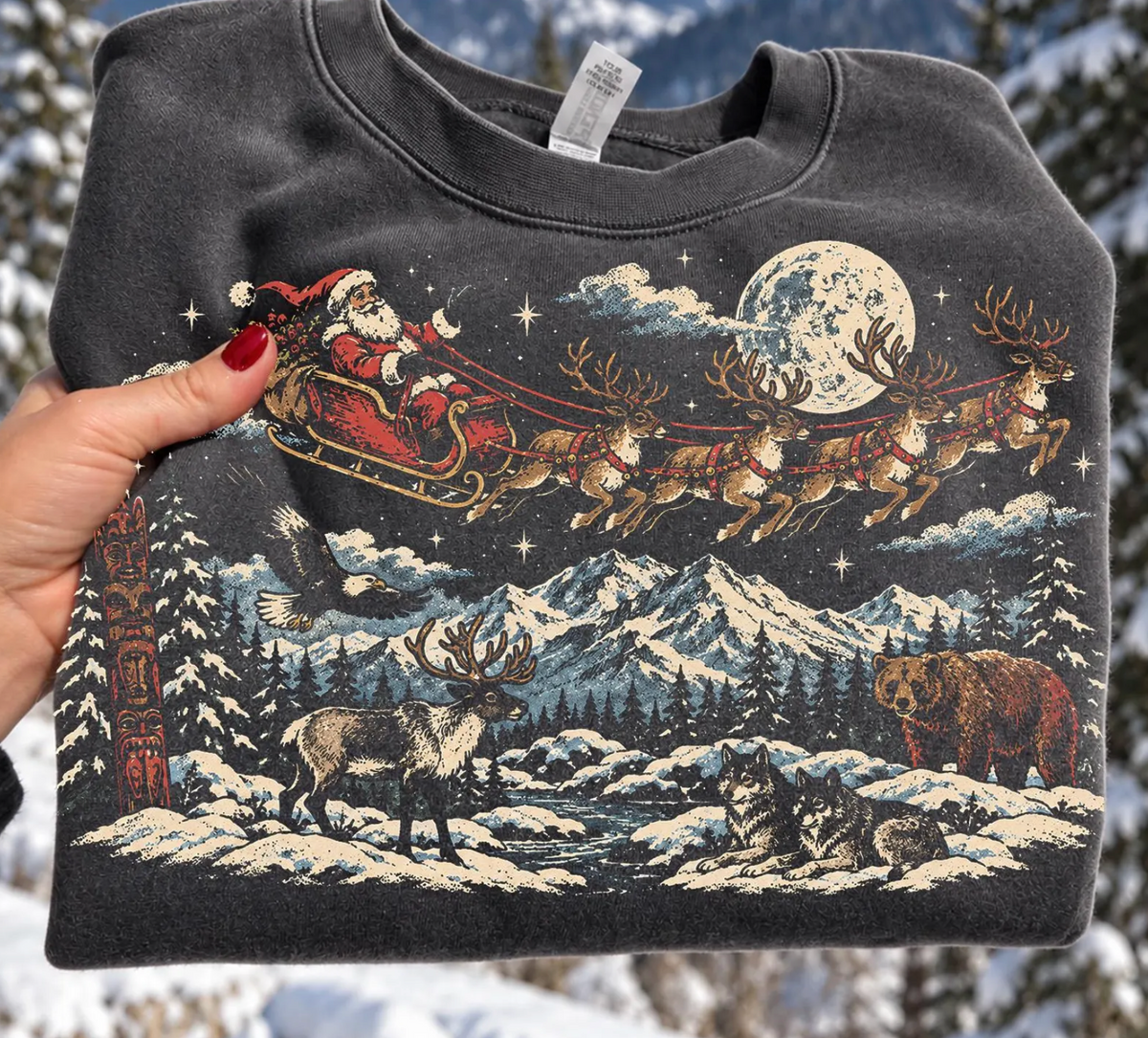 Vintage Santa Sleigh Winter Wildlife printed apparel mockup