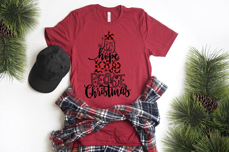 joy hope love peace christmas tree plaid