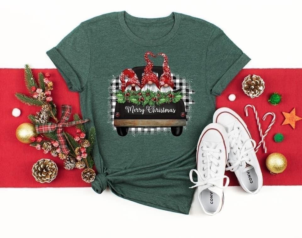 gnomes in black truck merry christmas