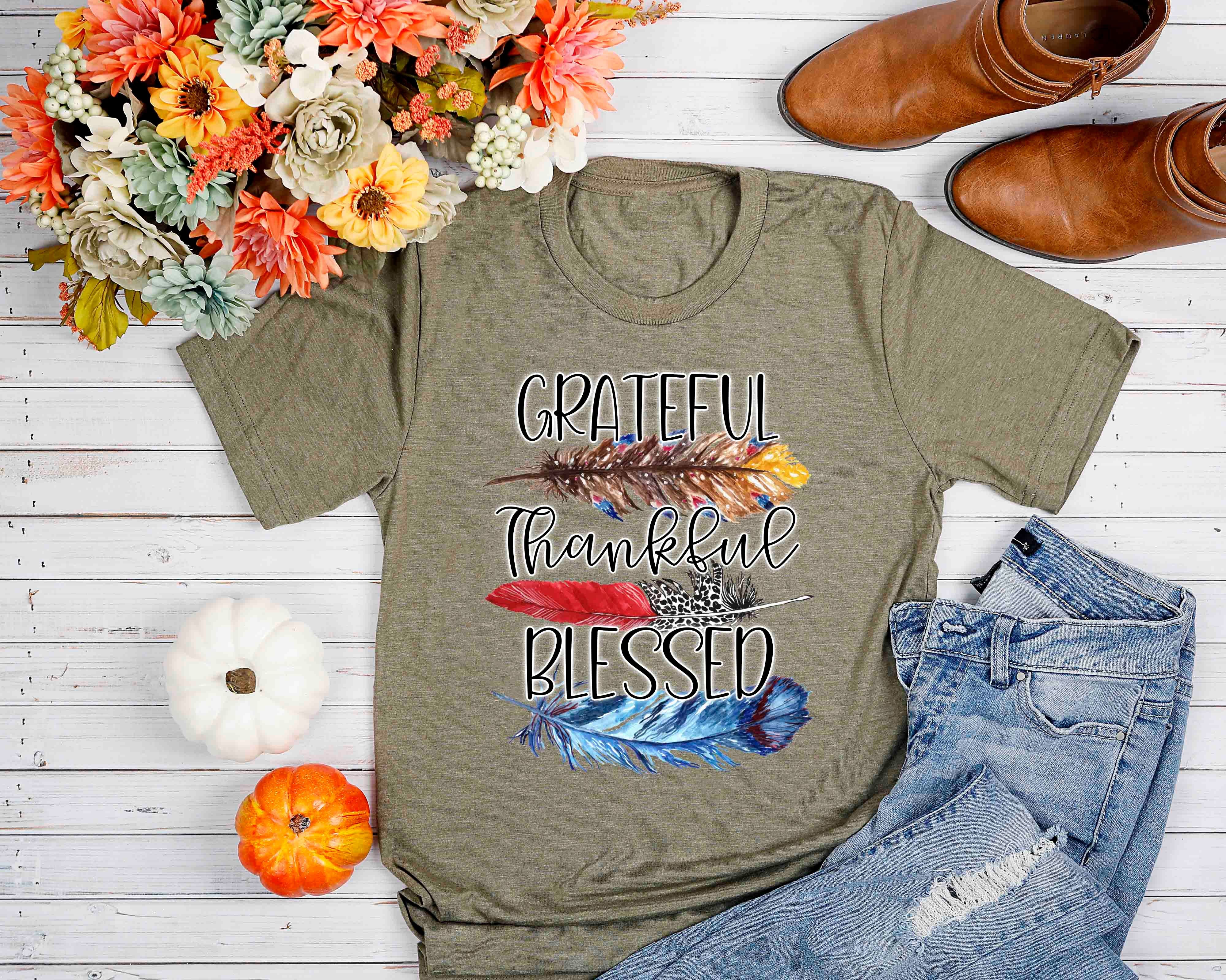 grateful thankful blessed boho feathers