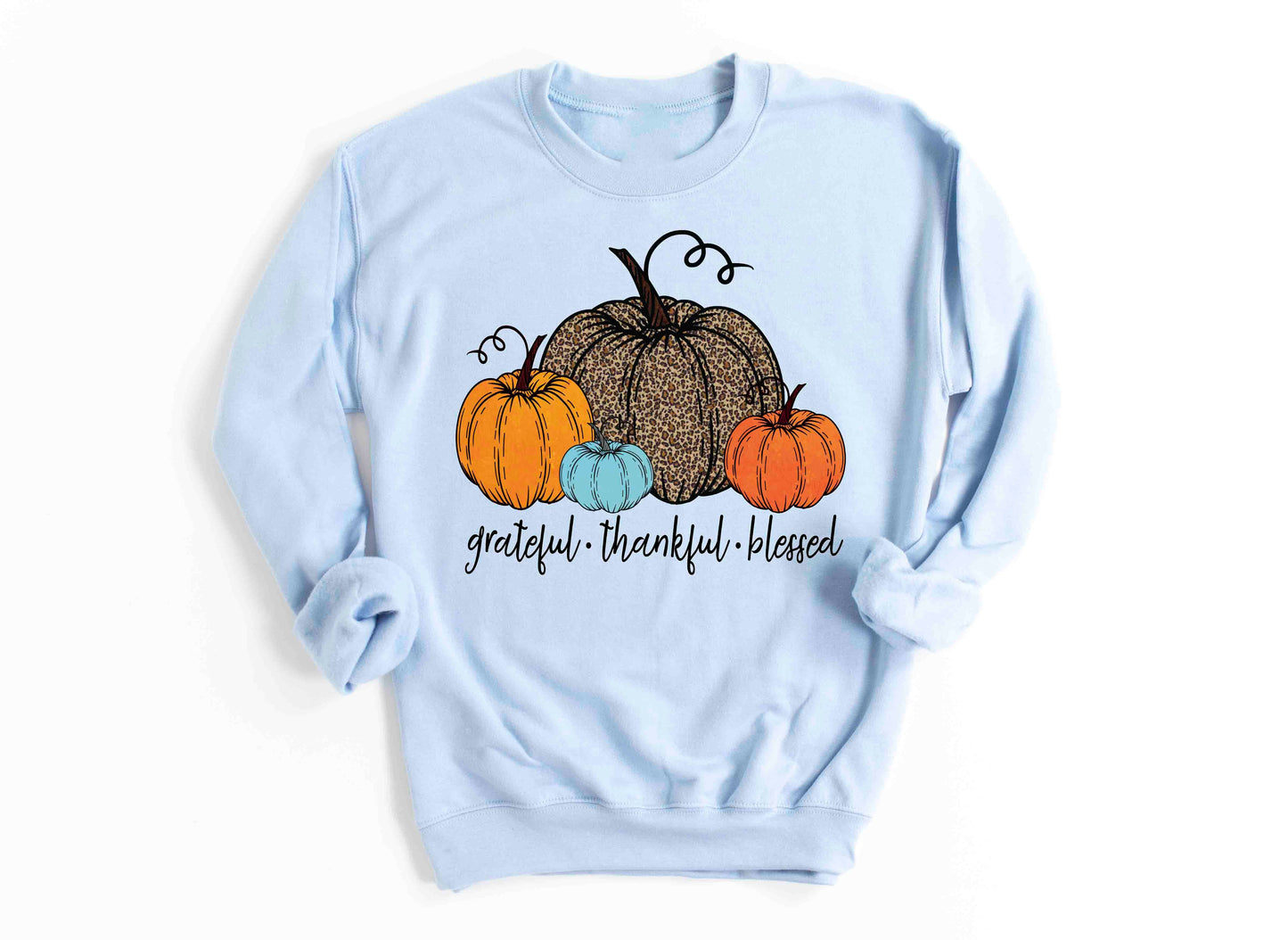 grateful thankful blessed leopard blue orange pumpkins