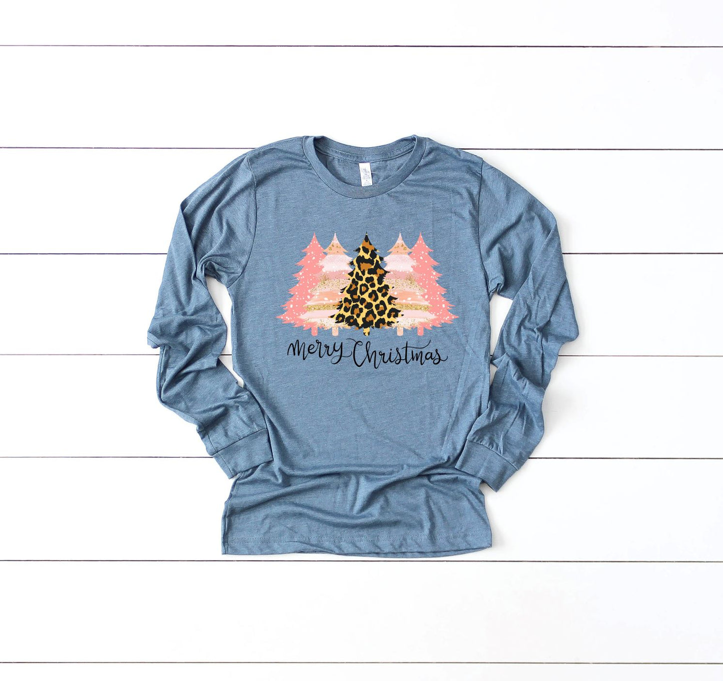 Merry Christmas Leopard and Pink Trees Long Sleeve Tee