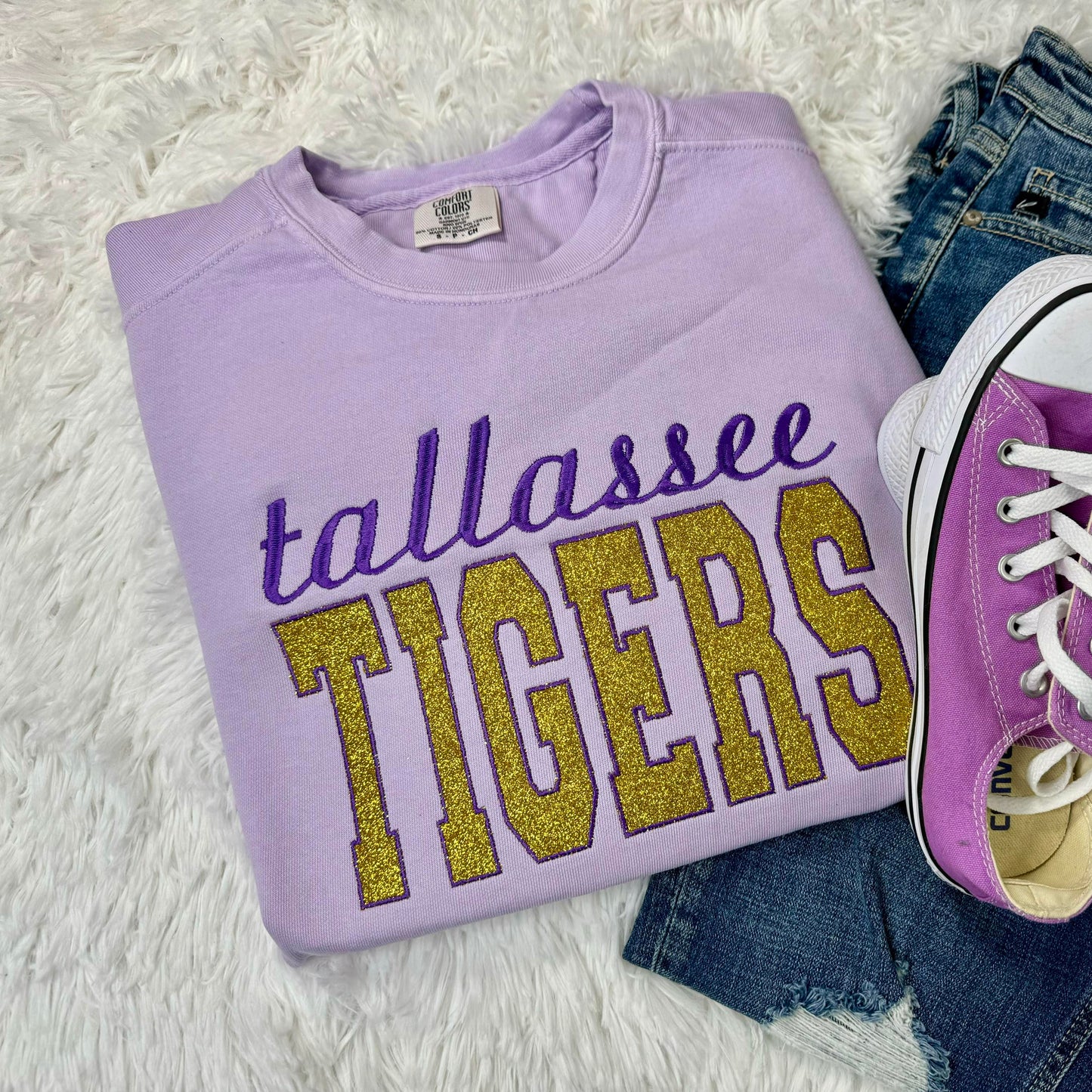 Block Glitter with Script Above Embroidery Youth