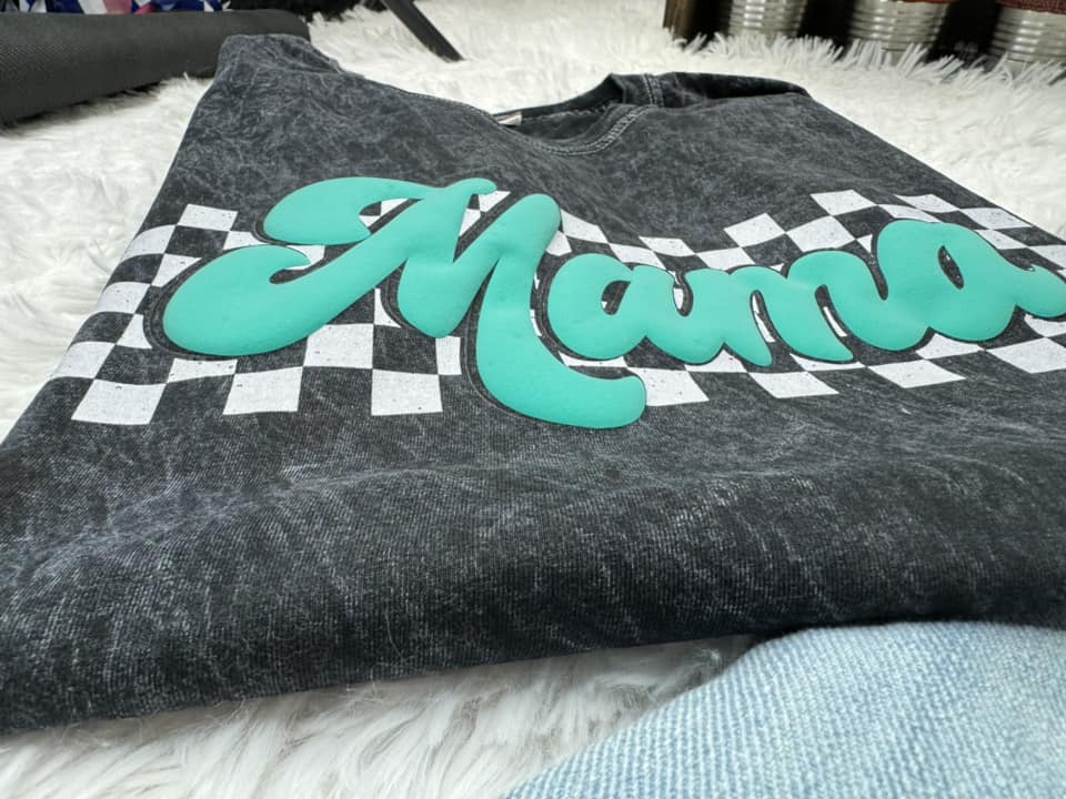 Mama Checkered Puff - Crystal wash Tee