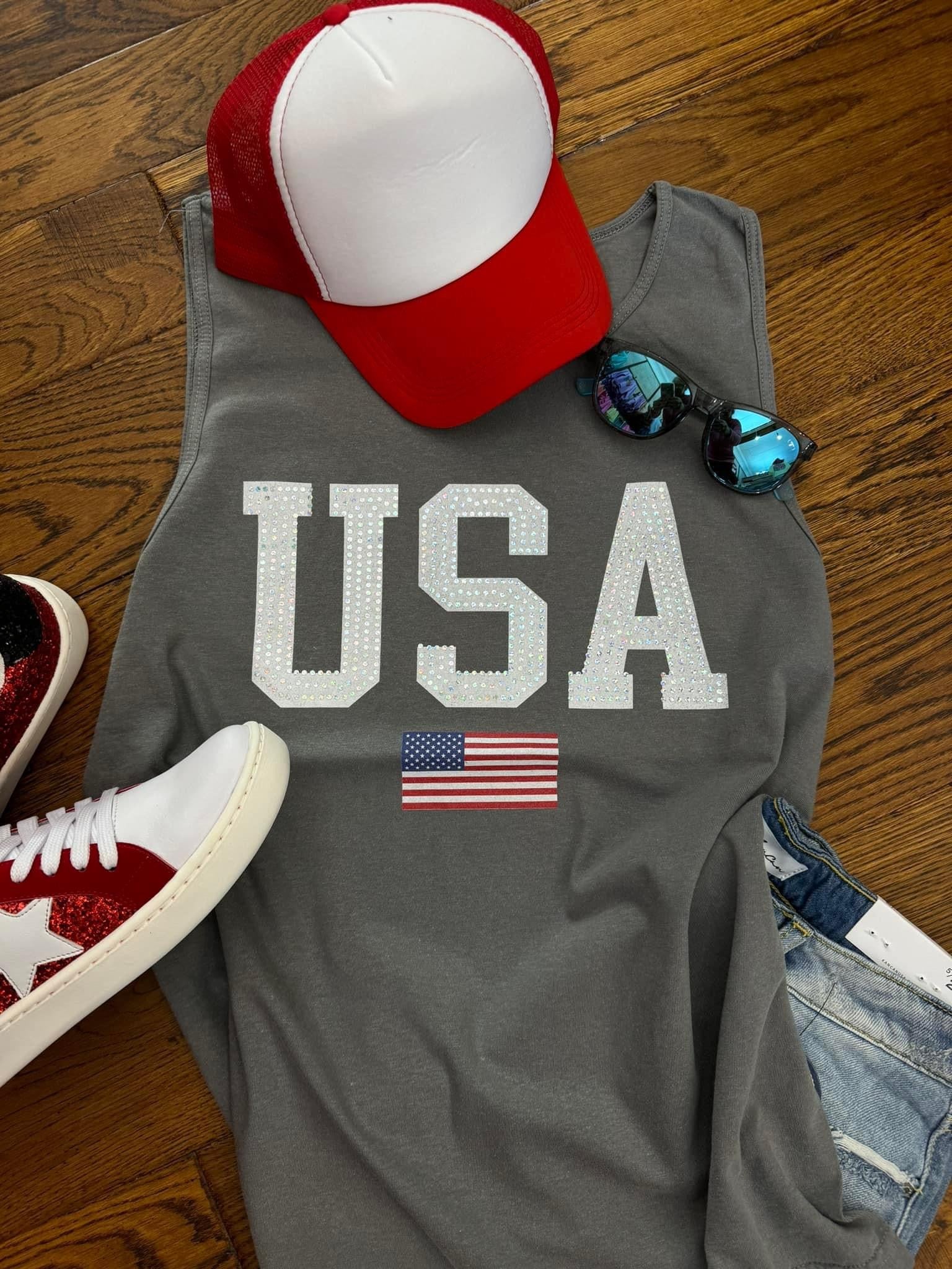 White USA With Flag Spangle Comfort Colors - MidWest Tees2