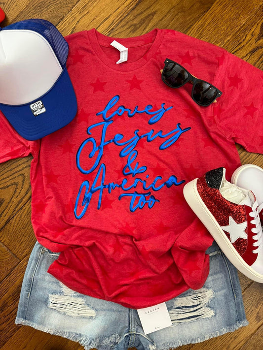 Loves Jesus Blue Metallic Puff Red Star Short Sleeve