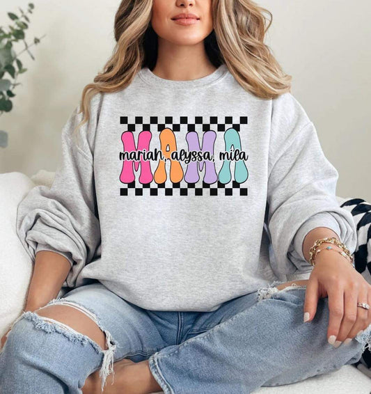 Custom Mama Checkered and Kid Names Comfort Colors