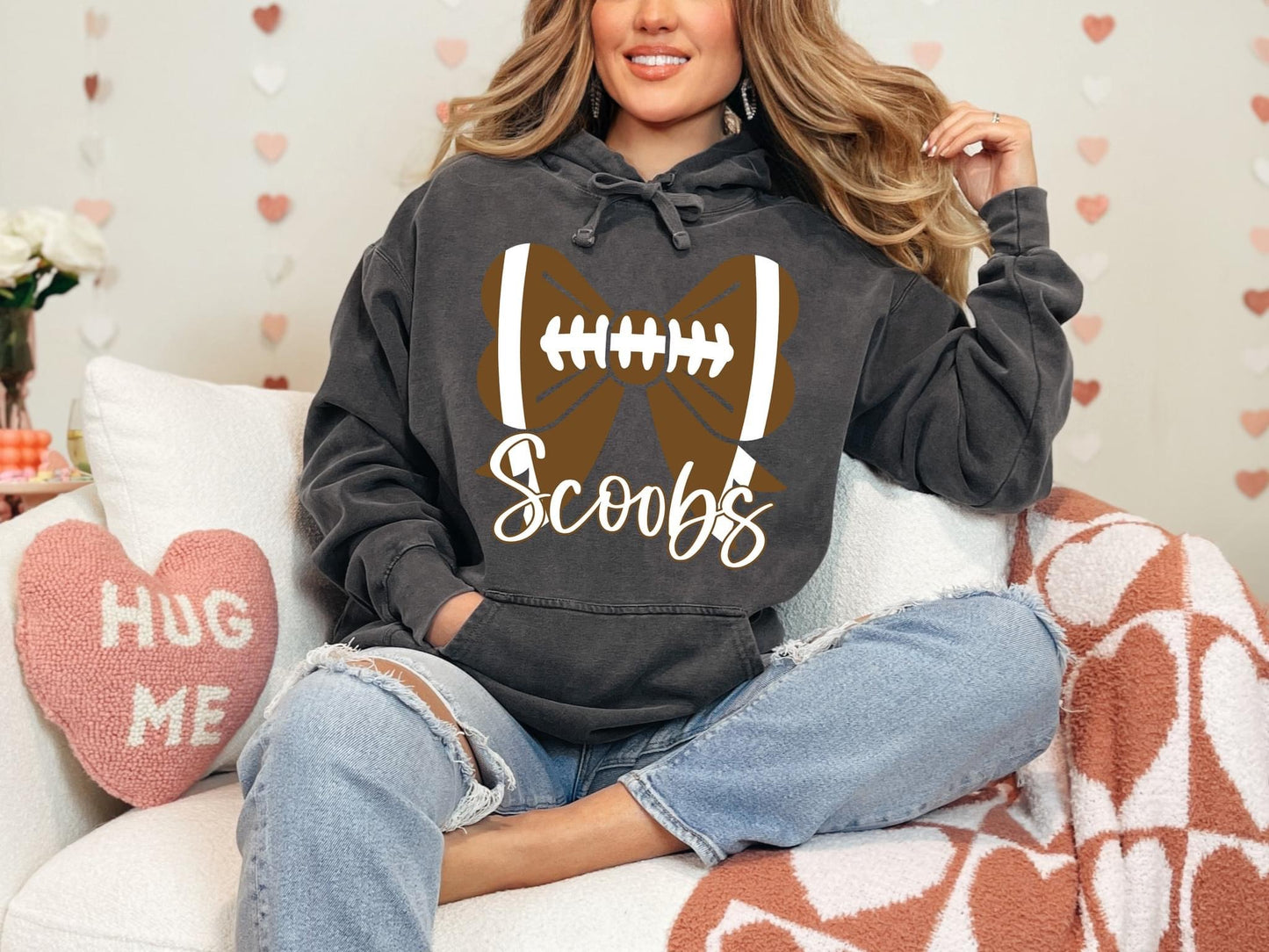 Custom Name Football Bow Comfort Colors Hooded Fleece