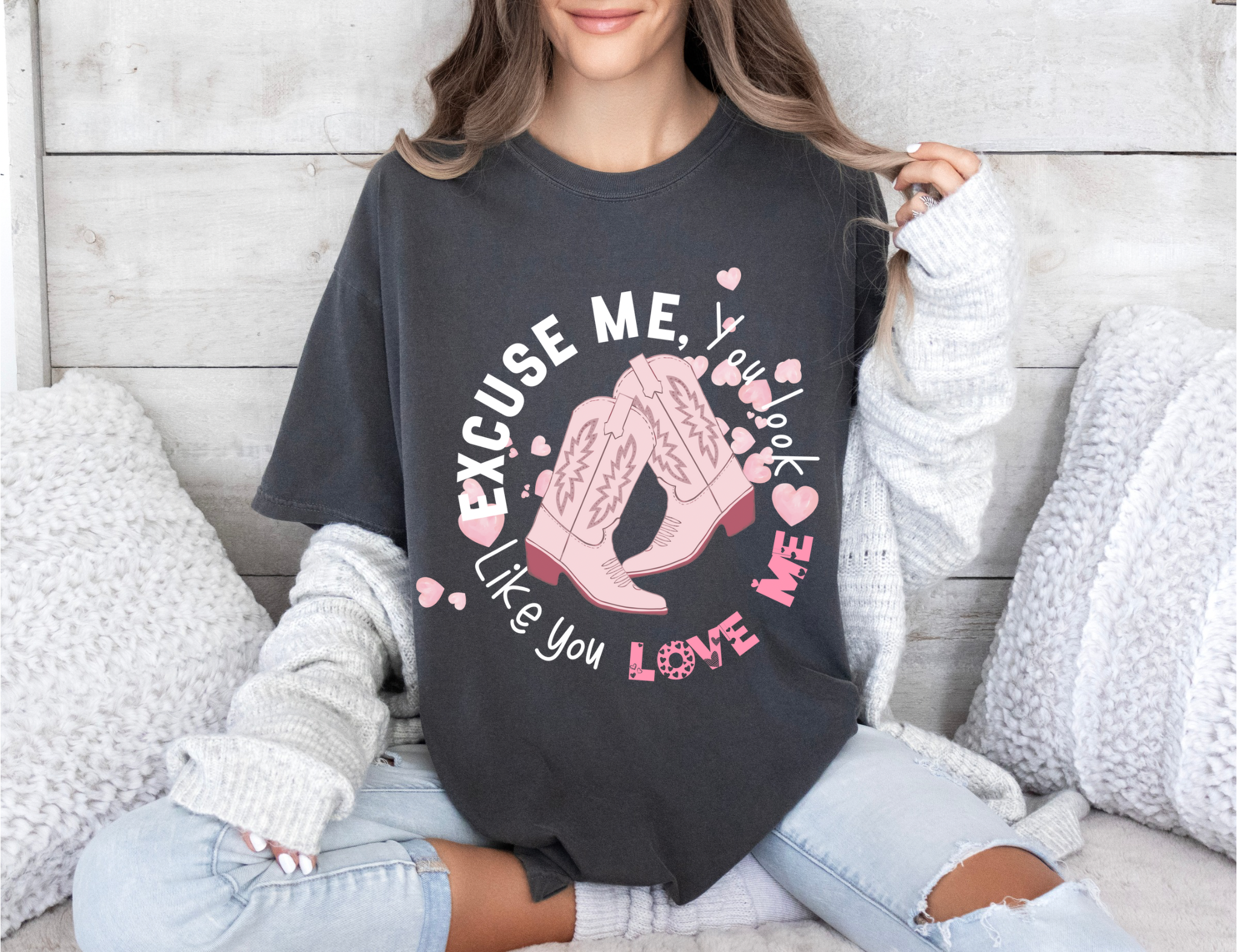 Excuse Me Pink Boots Gildan Crew