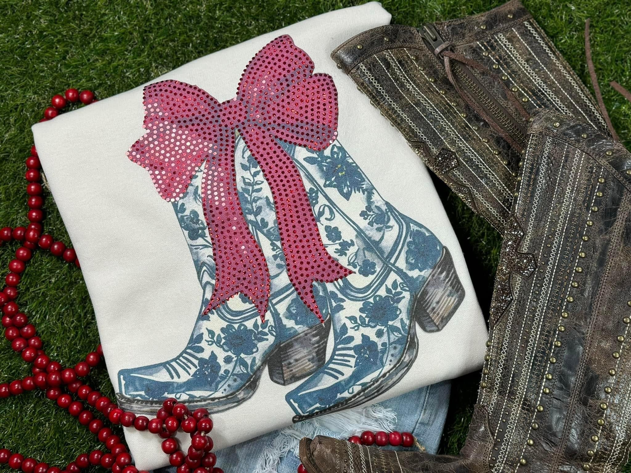Floral Boots With Red Bow Spangle Jerzees Fleece