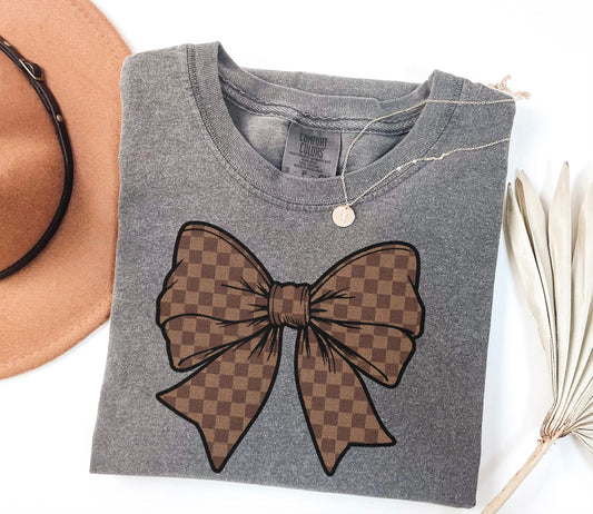 Brown Checkered Bow Comfort Colors