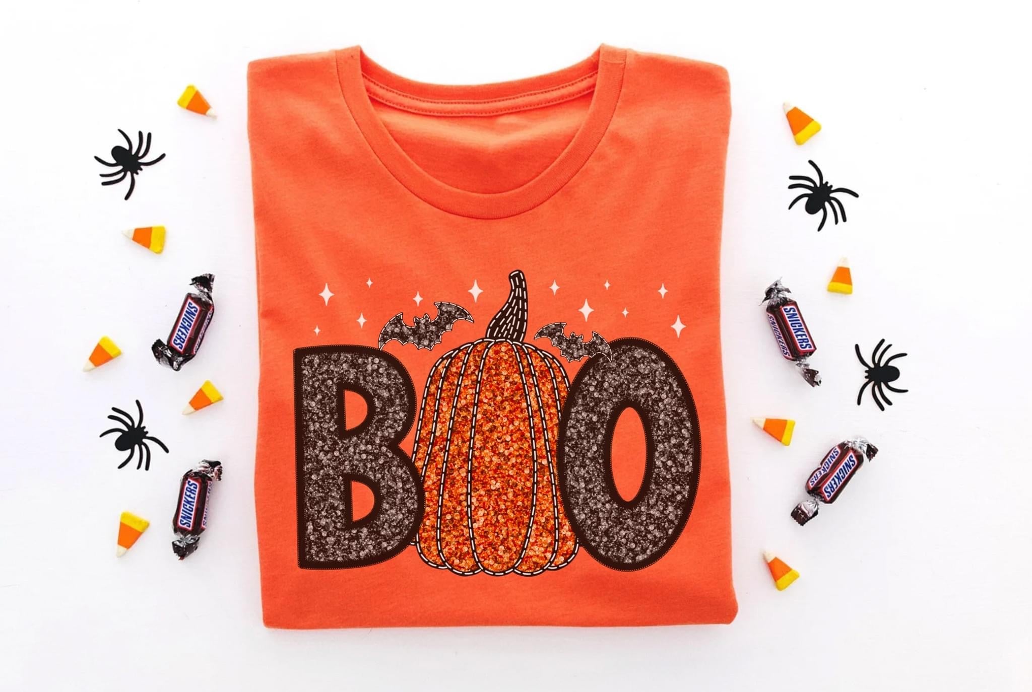 Boo Pumpkins Faux Glitter Short Sleeve
