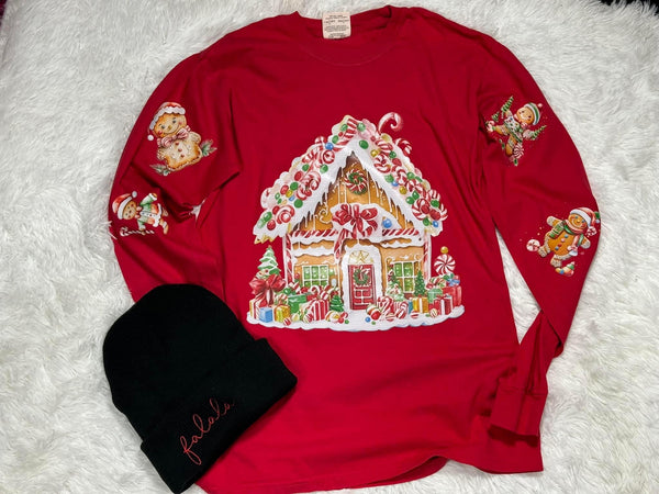 Gingerbread House Glitter DTF With Sleeve Print Comfort Colors
