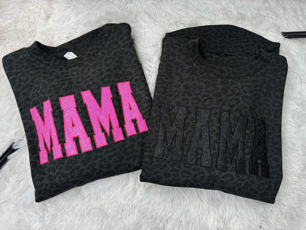 Mama Glitter Embroidery Leopard Fleece