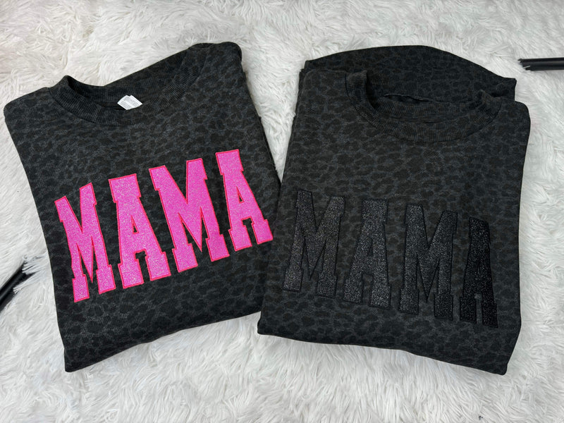 Mama Glitter Embroidery Leopard Fleece