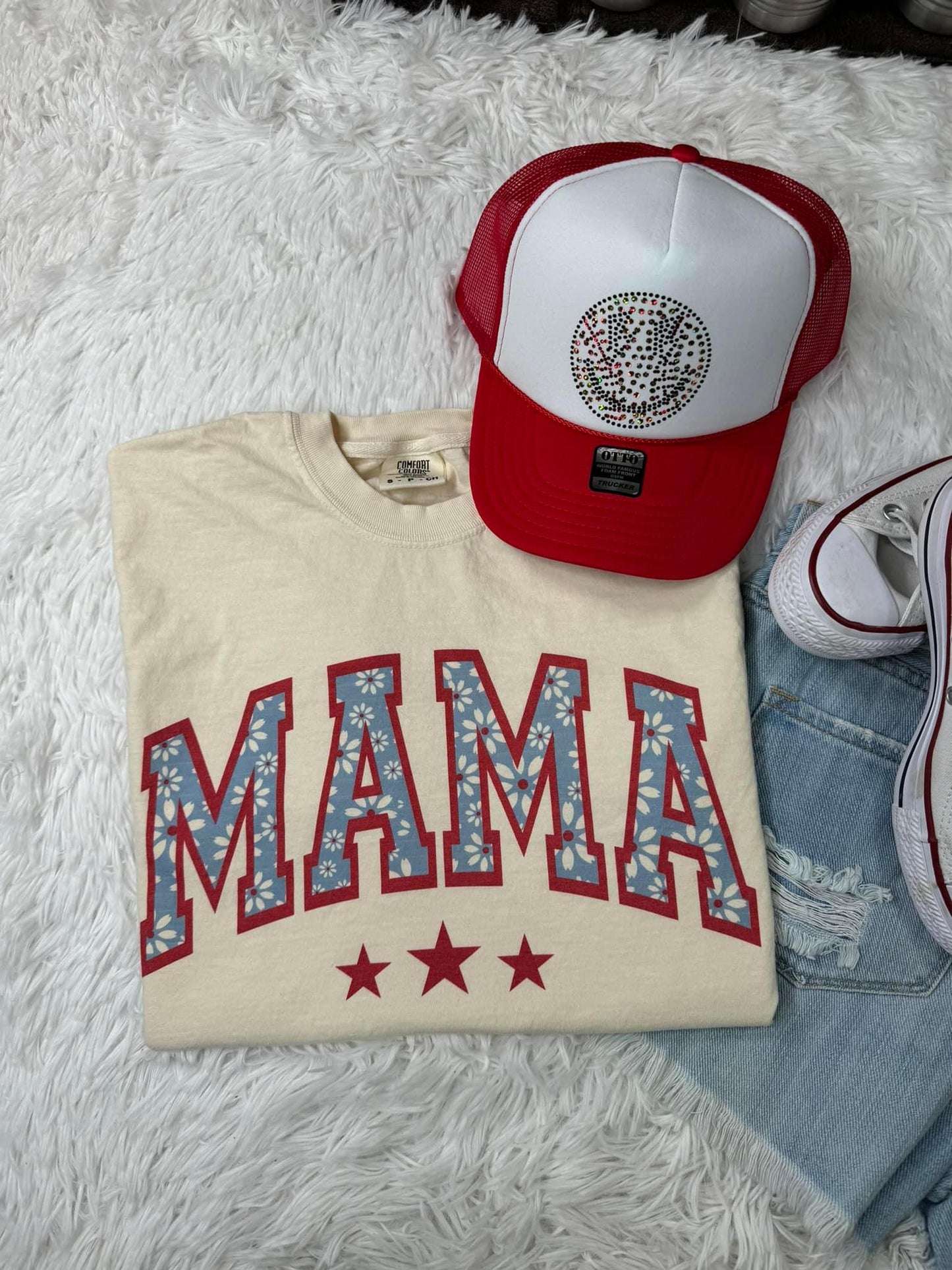 Mama Blue Daisy Red Outline Comfort Colors