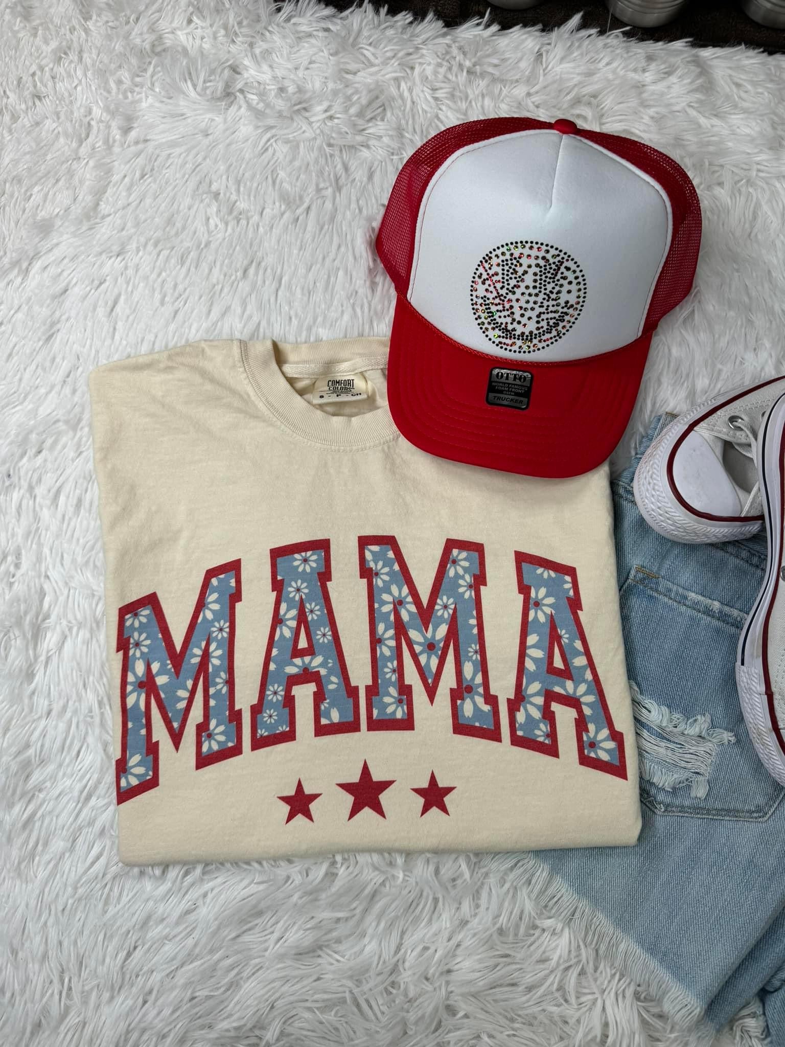 Mama Blue Daisy Red Outline Comfort Colors