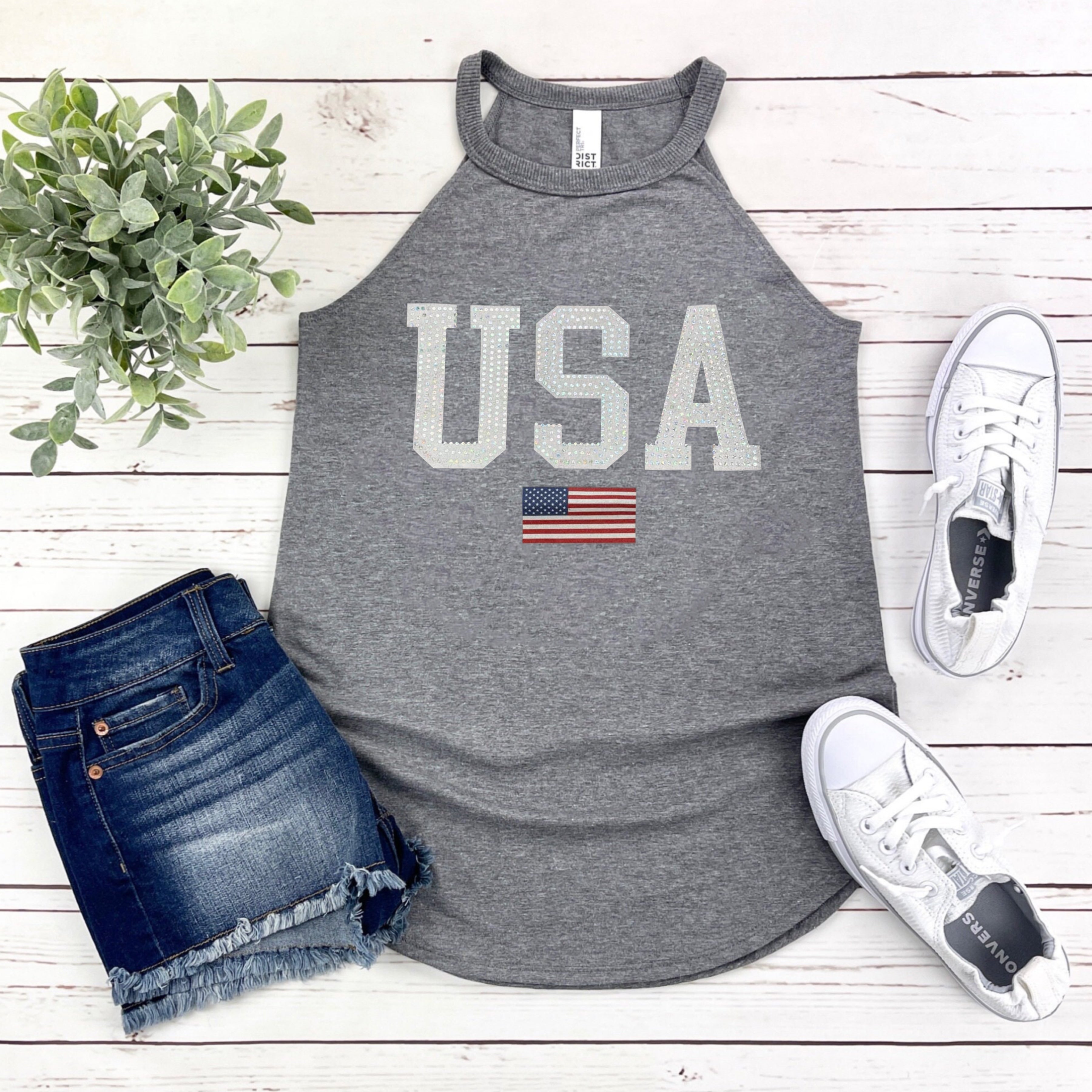White USA With Flag Spangle District Tank