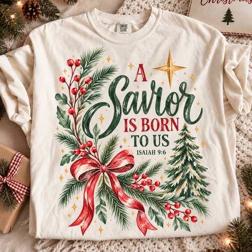 A Savior Is Born to Us Christmas Greenery Bow