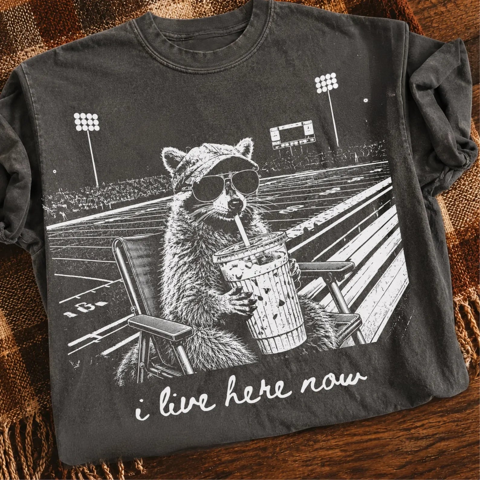I Live Here Now raccoon tee on pepper