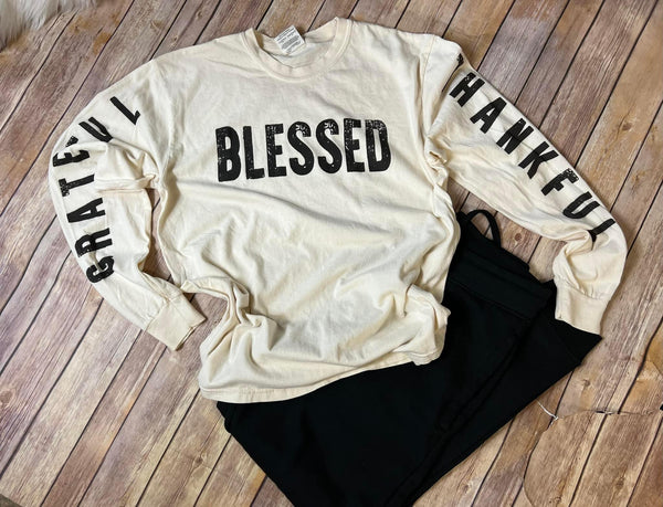 Grateful Thankful Blessed With Sleeve Prints Comfort Colors