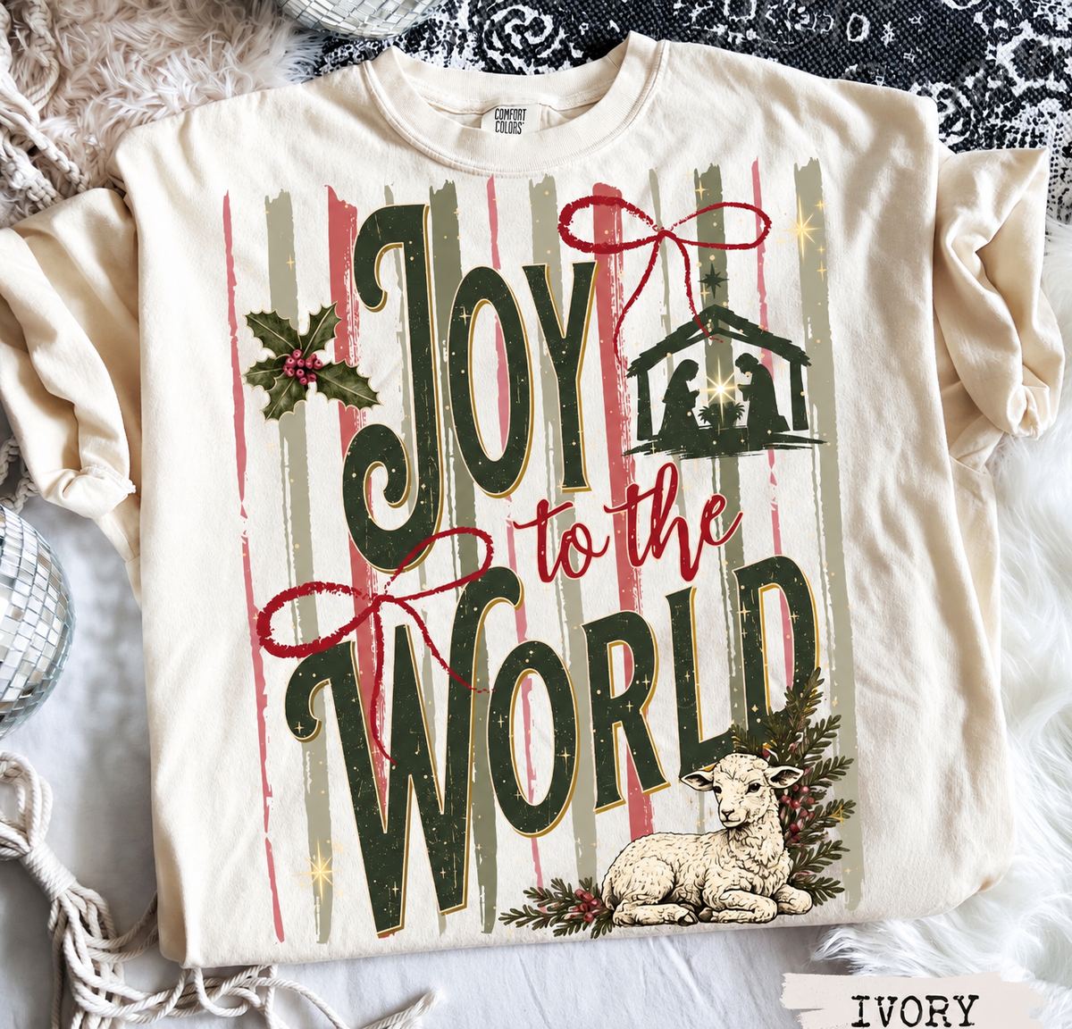 Joy to the World Nativity and Lamb printed apparel