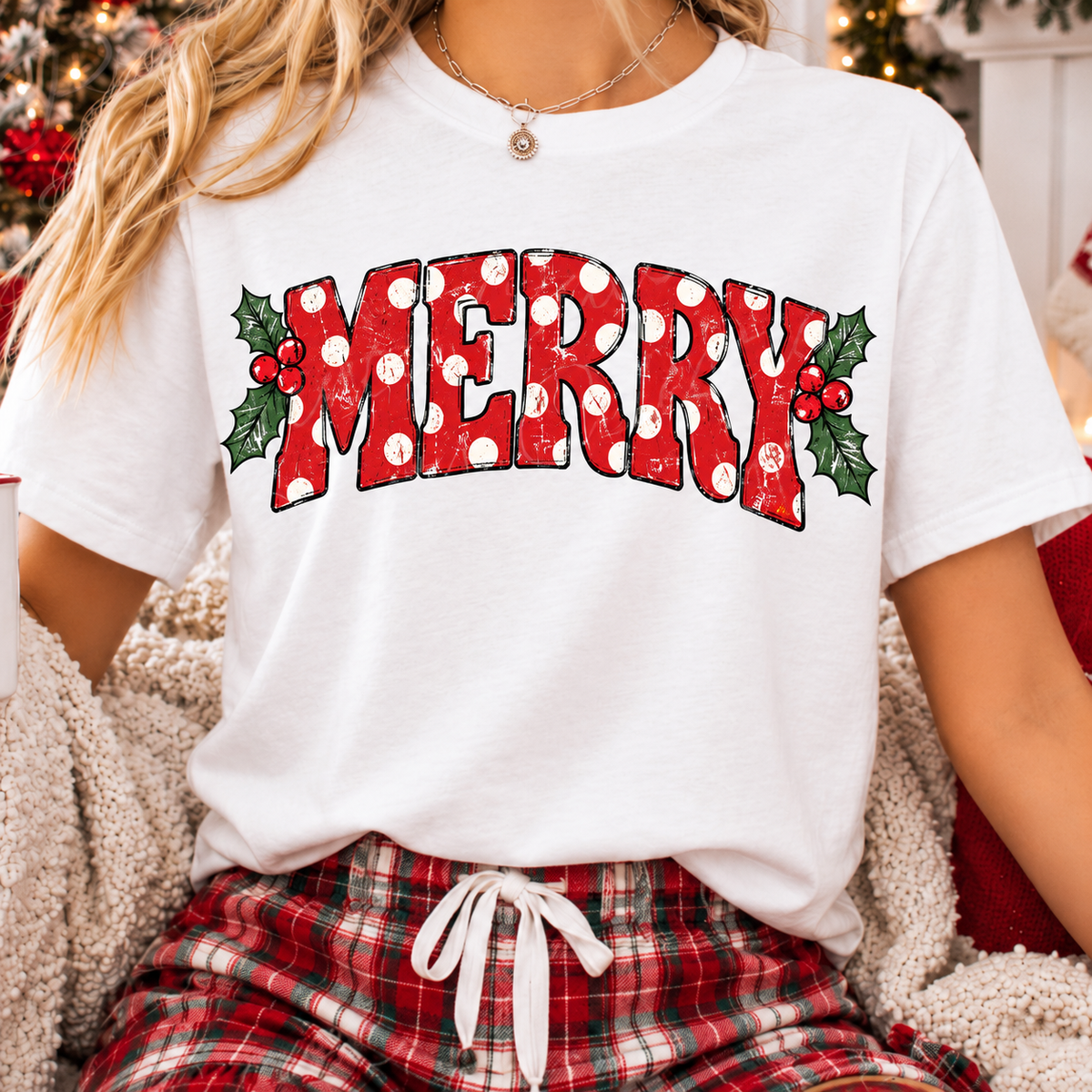 Merry Polka Dot Holly Christmas printed apparel