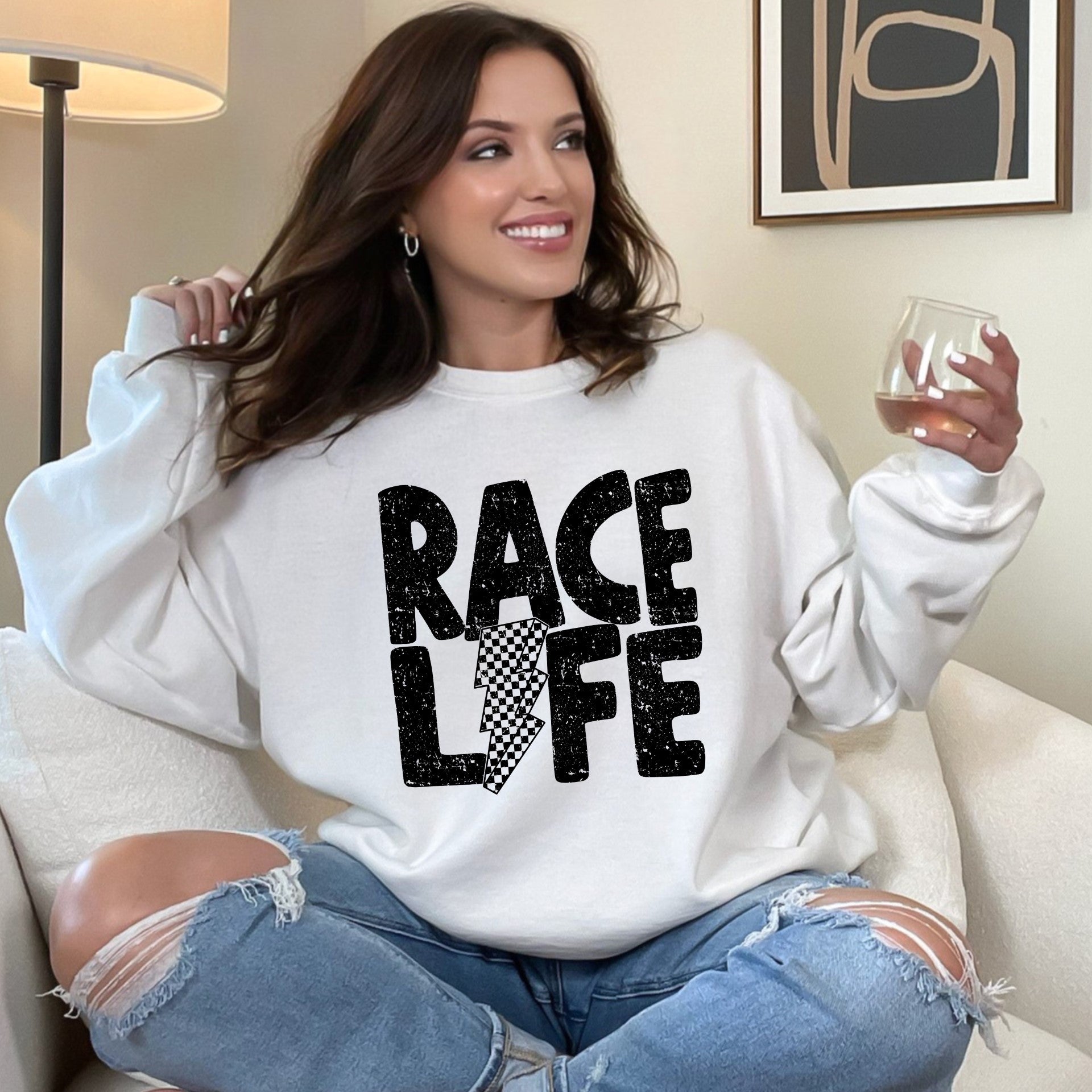 Race Life Checkered Lighting Bolt Crew Neck & Short Sleeve