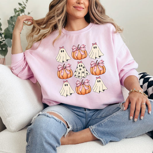 Retro Ghost Pumpkin With Bow Crew Fleece