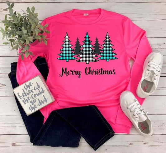 teal black white buffalo plaid merry christmas trees