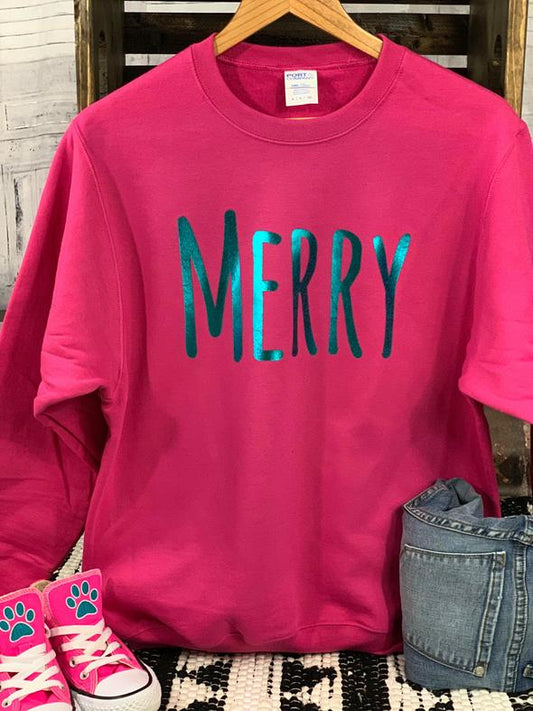 neon pink merry fleece with teal foil