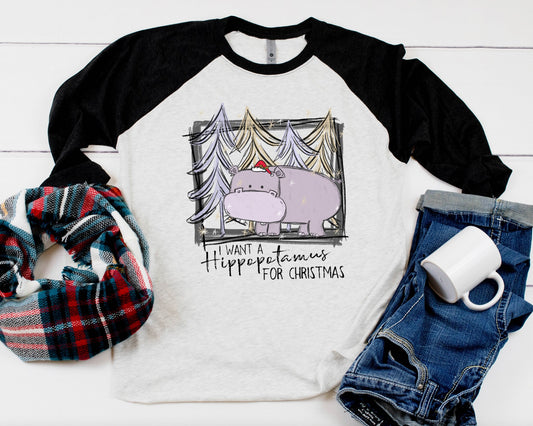 Hippo for Christmas Three Quarter Sleeve