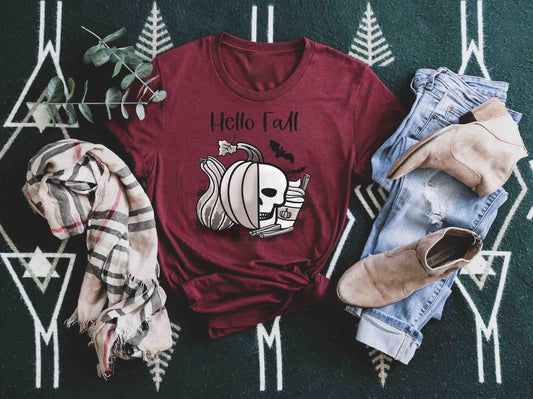 hello fall half pumpkin skull