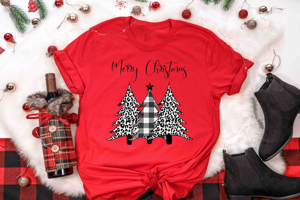 merry christmas black and white leopard plaid trees