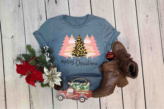 Merry Christmas Leopard and Pink Trees Short Sleeve