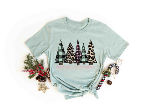 merry christmas dusty blue and pink trees