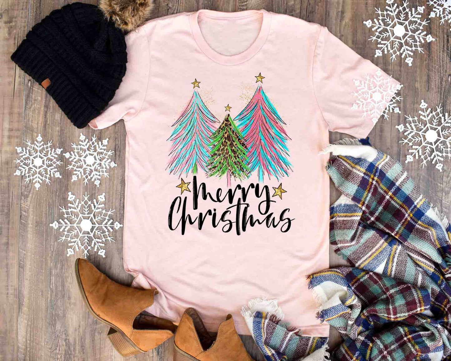 merry christmas pink and blue trees