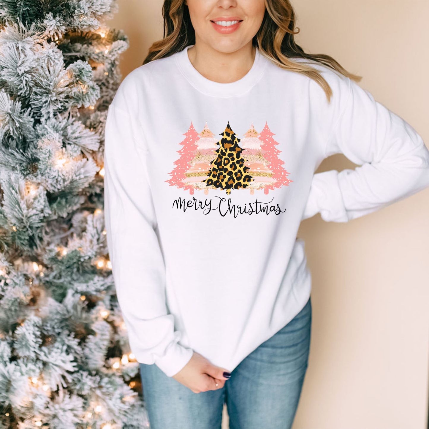 Merry Christmas Leopard and Pink Trees Crewneck and long sleeve